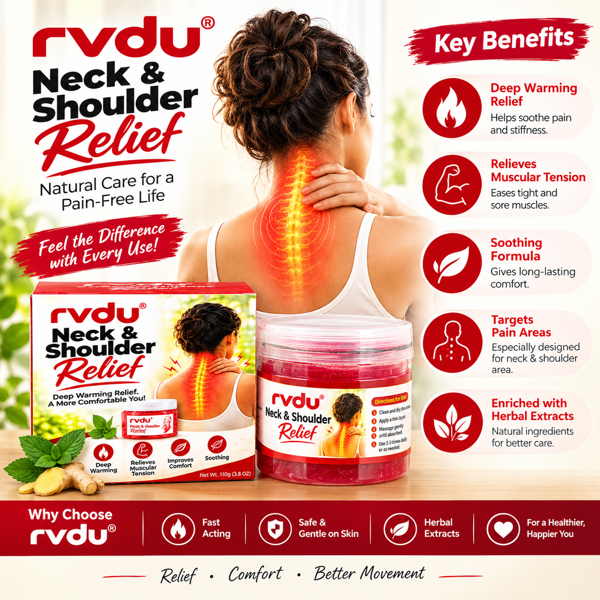rvdu Neck & Shoulder Relief Gel – Warming Massage Gel for Neck & Shoulder Comfort