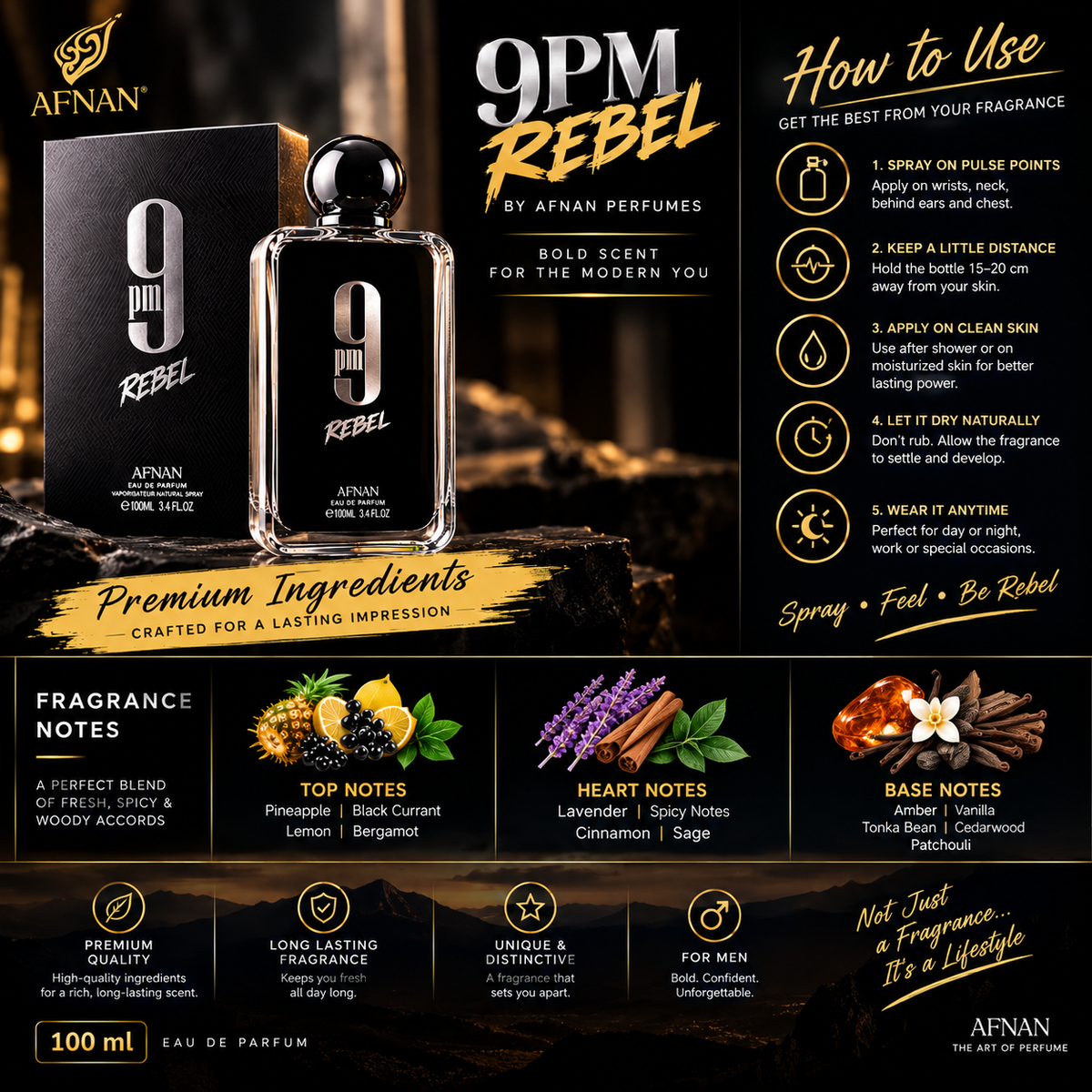 Afnan 9PM Rebel Eau De Parfum 100ml – Unisex Perfume in Pakistan
