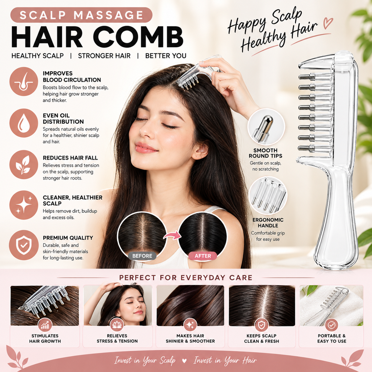 Scalp Massage Hair Comb – Gentle Scalp Massager & Hair Oil Applicator