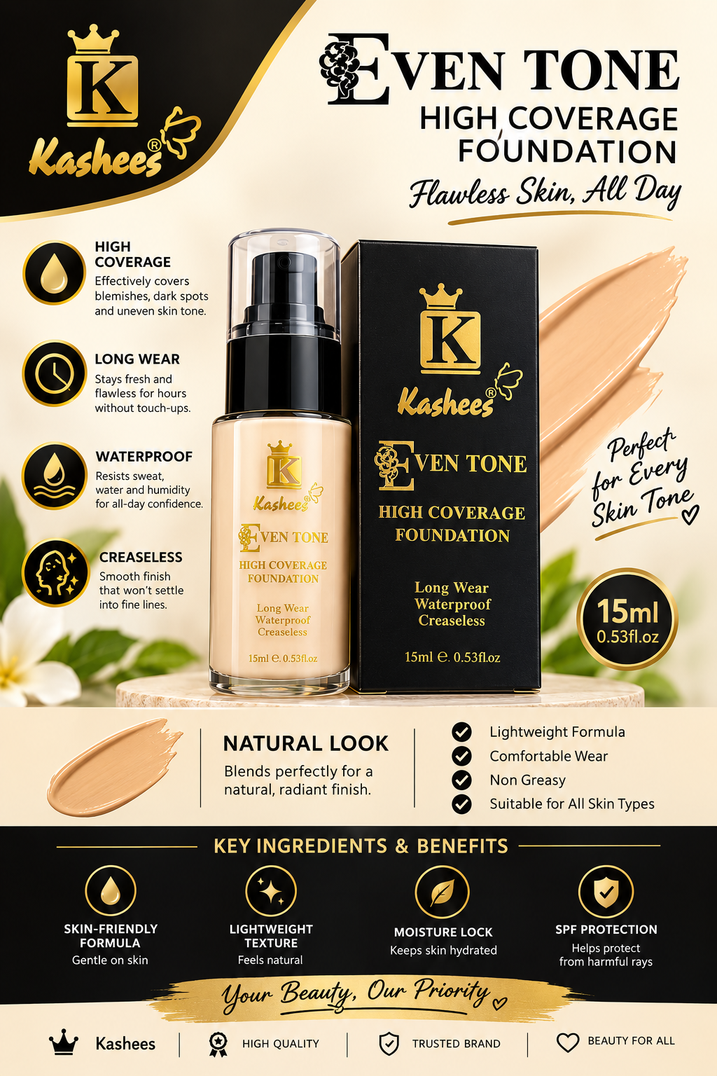Kashees Even Tone Foundation – Full Coverage, Long Lasting & Smooth Finish