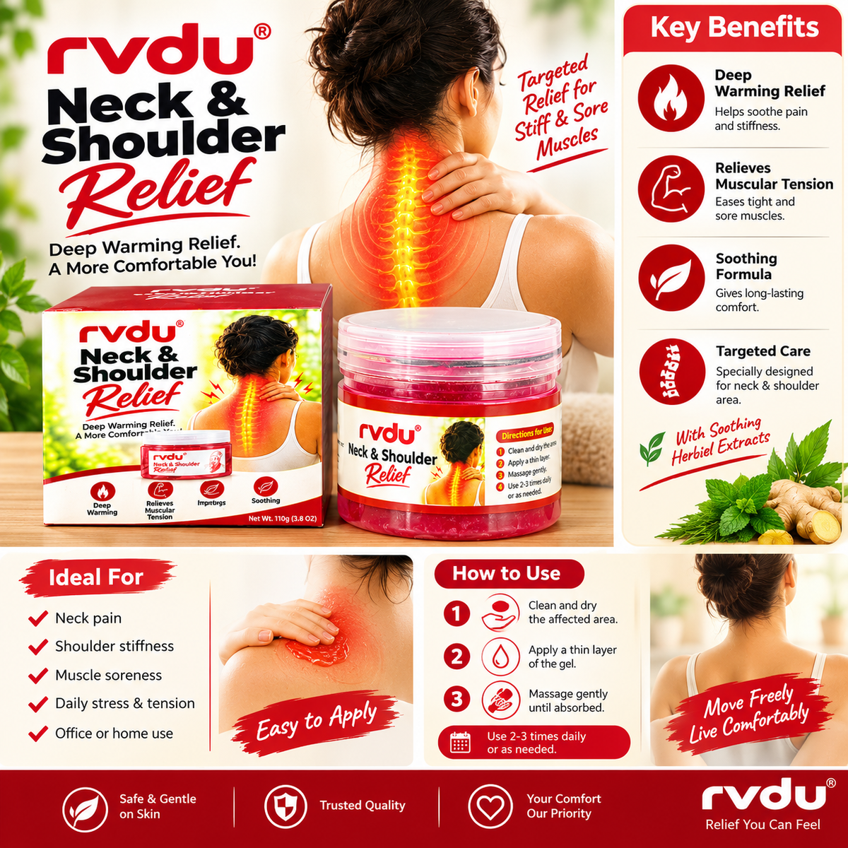 rvdu Neck & Shoulder Relief Gel – Warming Massage Gel for Neck & Shoulder Comfort